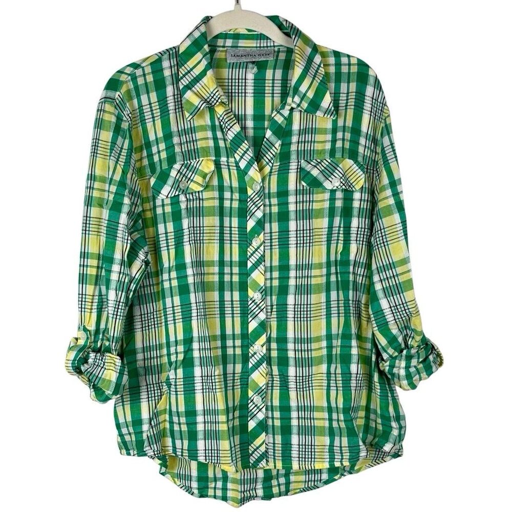 Samantha Grey Plaid Green Yellow Button Up